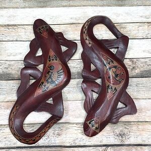 Set of 2 Carved Wood Reptiles Tribal Wood